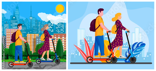 Man and woman riding kick scooter on city background. Couple on electric outdoor vehicle. Modern urban transportation with architecture.