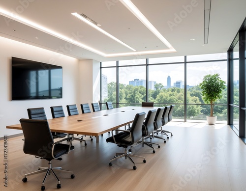 Clean minimalist conference room with large wooden table, leather chairs, big screen