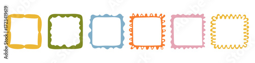 A collection of colorful hand-drawn square frames. Vector decorative borders for scrapbooking, greeting cards, invitations, photo albums, labels, posters, and creative design projects. 