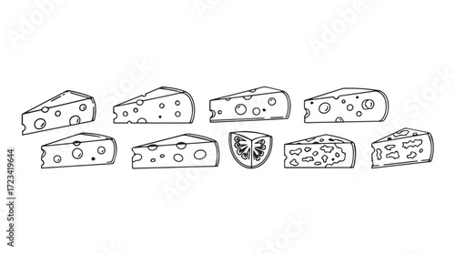 Various swiss cheese slices and blocks with holes hand drawn style natural food background silhouette
