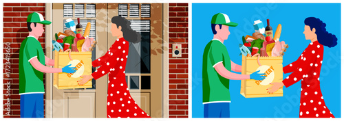 Delivery man giving grocery bag to woman. Flat style vector collection illustration. Online shopping concept for web banner.