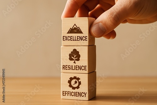 Hand placing a wooden block with excellence icon on top of blocks with resilience and efficiency