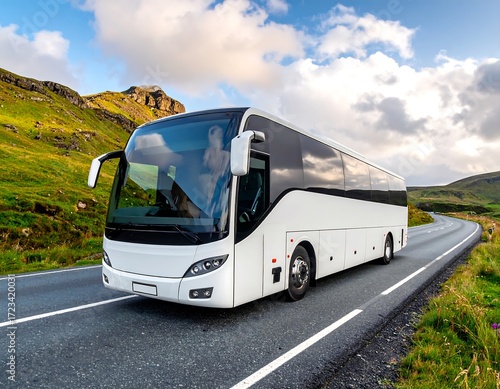White bus on scenic road
