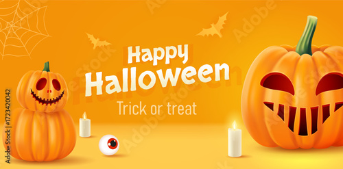 Halloween background with smiling pumpkins, bats and candle lights. Greeting card for party and sale. Autumn holidays.
