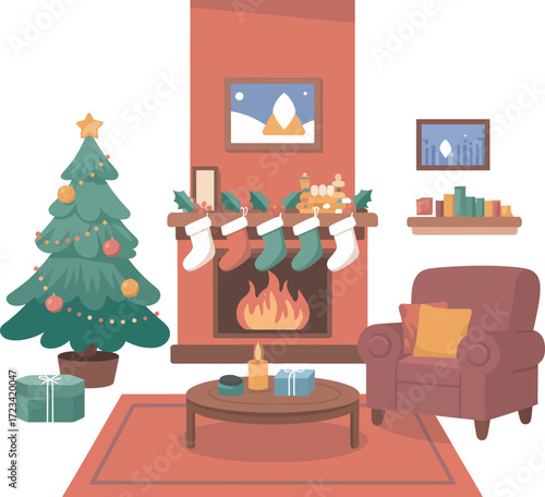 Cozy Holiday Interior Scene with Fireplace, Tree, and Armchair on Transparent Layout