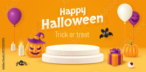 Halloween background with smiling pumpkin, 3d gift box, balloons, bat. Greeting card for party and sale. Autumn holidays.
