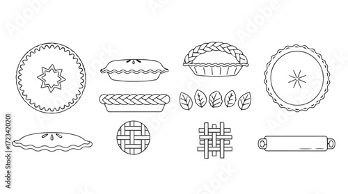 Collection of baked pie crust designs and top views in hand-drawn line art style silhouette