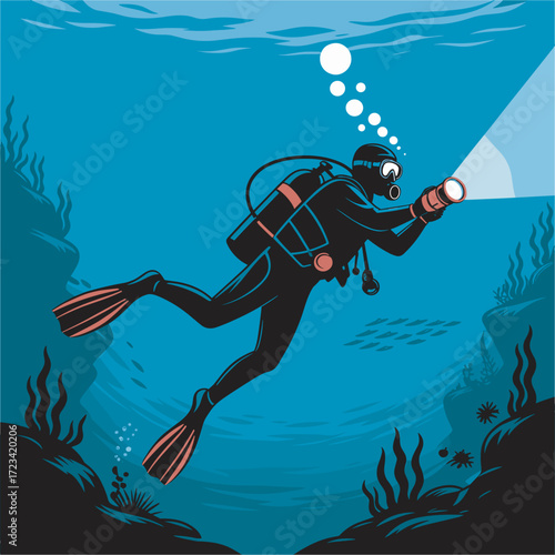 Underwater Exploration A Diver's Journey into the Deep Blue Sea with a Flashlight Adventure