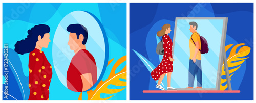 A woman sees a man in mirror. Gender identity or transgender concept. Flat style vector creative illustration.