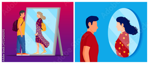 Man looking in mirror sees reflection of woman. Identity and gender transformation concept. Psychology and self-perception illustration.