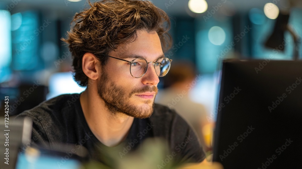 Fototapeta premium programmer. A programmer concentrating at a modern workspace with natural side lighting and a clean backdrop. product launch decks.
