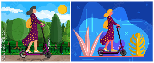 Woman riding electric scooter in park. Girl on futuristic cityscape with eco transport. Flat style vector for banner.