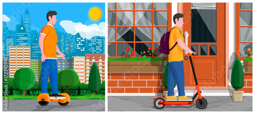 Man riding electric scooter street cityscape. Guy on personal transport. Self balancing hoverboard. Urban lifestyle illustration.