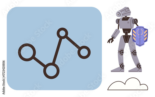 Robotic figure holding shield, network diagram, and cloud element highlighting cybersecurity, AI protection, tech advancements, futuristic concepts, data defense, cloud computing, simple flat
