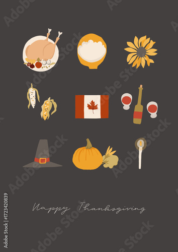 Happy Thanksgiving festive season card design. Autumn holiday event invitation template. Cute hand drawn illustrations in retro style. Vector give thanks fun poster design
