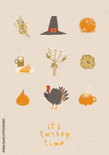 Happy Thanksgiving festive season card design. Autumn holiday event invitation template. Cute hand drawn illustrations in retro style. Vector give thanks fun poster design