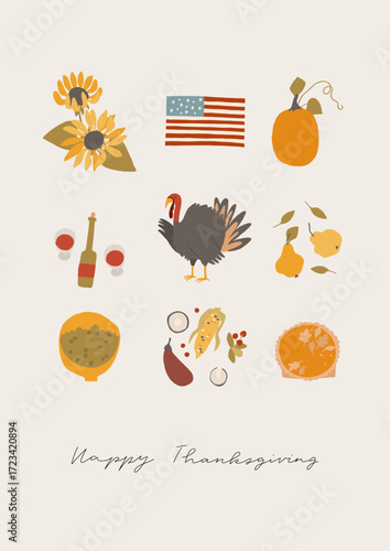 Happy Thanksgiving festive season card design. Autumn holiday event invitation template. Cute hand drawn illustrations in retro style. Vector give thanks fun poster design