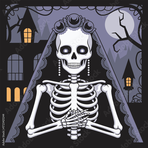 Elegant La Catrina Skeleton with Veil in Haunted Landscape for Day of the Dead