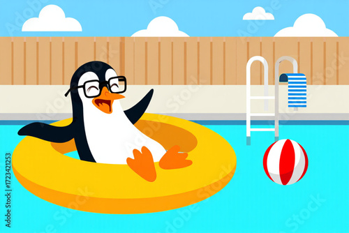 Happy penguin relaxing in a pool on an inner tube