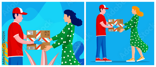 Courier men delivering and taking packages to women. Delivery service concept for online shopping. Package shipping illustration for e-commerce.