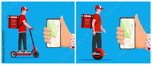 Man food delivery courier with scooter and unicycle using phone with map. Online ordering and fast shipping.