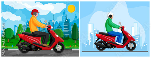 Man on red scooter riding in city. Urban lifestyle and road safety. Transportation design for banner.