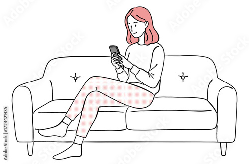 自宅のソファに座ってスマートフォンを操作している若い女性のおしゃれな線画アイコンベクターイラスト / スマホ / 家 / ラインアート