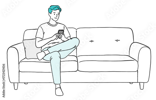 自宅のソファに座ってスマートフォンを操作している若い男性のおしゃれな線画アイコンベクターイラスト / スマホ / 家 / ラインアート