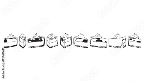 Assortment of delicious cheesecake slices presented in a row isolated on white silhouette