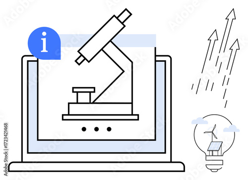 Microscope on laptop screen symbolizes scientific discovery. Light bulb with solar panel sparks innovation ideas. Upward arrows represent growth. Ideal for education, research, technology