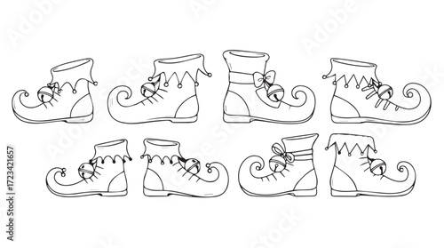 Collection of eight whimsical elf shoes featuring pointed toes and decorative details for festive design silhouette