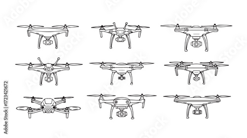 Collection of nine drone quadcopter aerial vehicle designs outlined top view silhouette