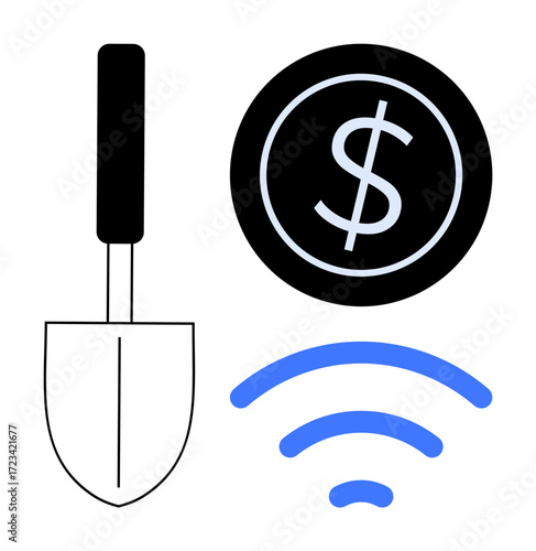 Black gardening trowel, dollar coin, and blue wireless signals symbolize financial growth, technology, and development. Ideal for innovation, digital economy, agriculture, connectivity business