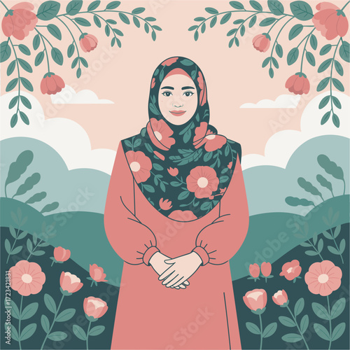 Serene Muslim Woman in Hijab with Floral Design in Landscape Setting Illustration