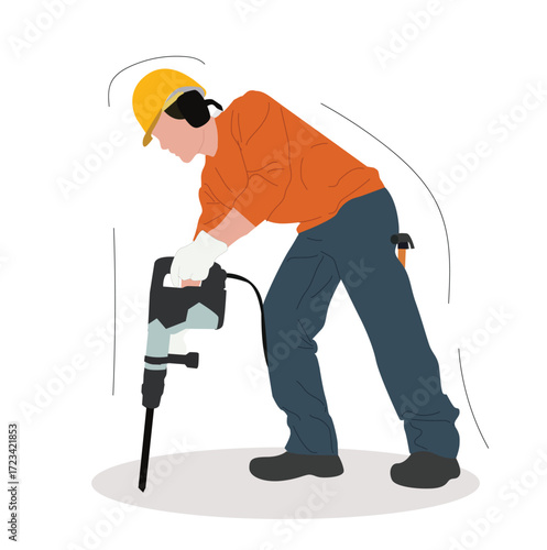 men drilling the ground.Man worker wearing helmet and blue uniform standing drilling ground with special machine