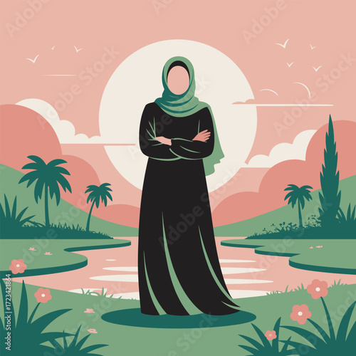 Serene Muslim Woman in Abaya Standing in Tranquil Landscape with Palm Trees and Sunset