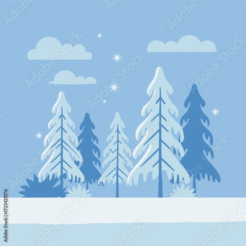 Winter Landscape with Snow Covered Trees and Clouds in Blue Tones Illustration