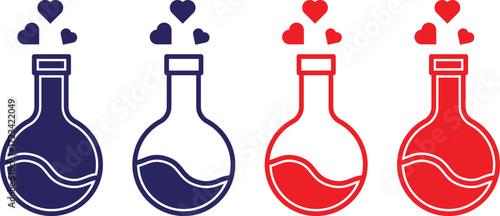 Vector illustration of potion bottles filled with liquid and floating hearts. Minimalist love potion concept for Valentine’s Day, romance, chemistry of love, magic drink, and celebration.
