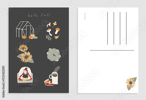 Cozy autumn postcard template front and back. Fall printable stationery design for fall season. Cute card or poster design in soft neutral autumn colors