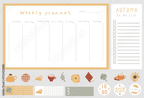 Cozy autumn weekly planner template with daily checklist and notes section. Fall printable stationery design for organization. Cute stickers and decorative elements in soft neutral autumn colors