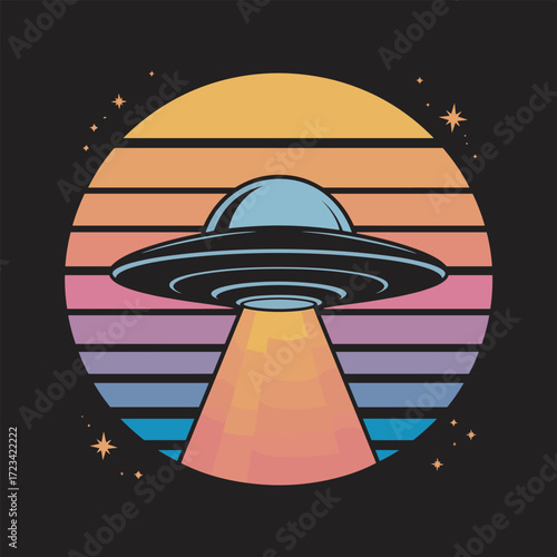 UFO Abduction Beam with Sunset Stripes and Stars on Black Background Illustration