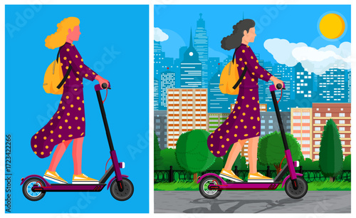 Woman with backpack riding electric scooter in city street. Modern urban transportation with eco friendly alternative.