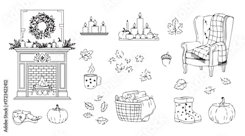 Cozy autumn hearth and home elements for seasonal decorating and crafts silhouette