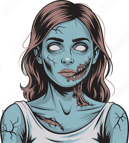 Creepy Zombie Woman Portrait with Damaged Face and Empty Eyes on Transparent Backdrop