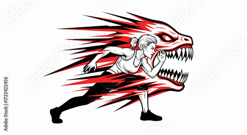 A determined woman runs with a red and white dragon behind her, isolated on white background, symbolizing motivation and overcoming obstacles