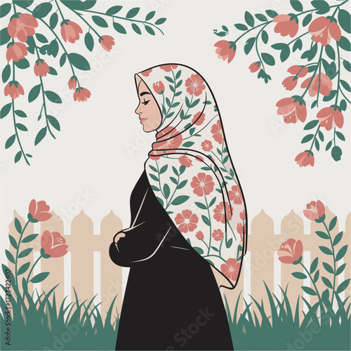 Elegant Muslim Woman in Hijab with Floral Design in Garden Setting Illustration