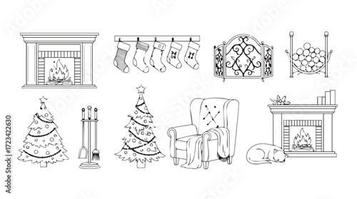 Charming hand-drawn christmas scene elements perfect for festive holiday decorations and designs silhouette