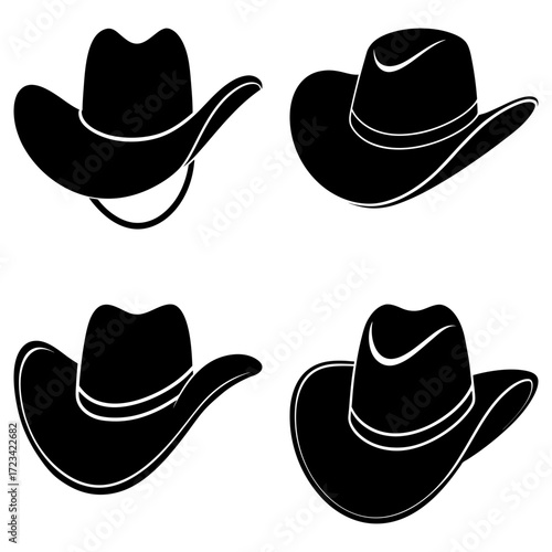 Four black and white cowboy hats in various styles and orientations on a white background design element