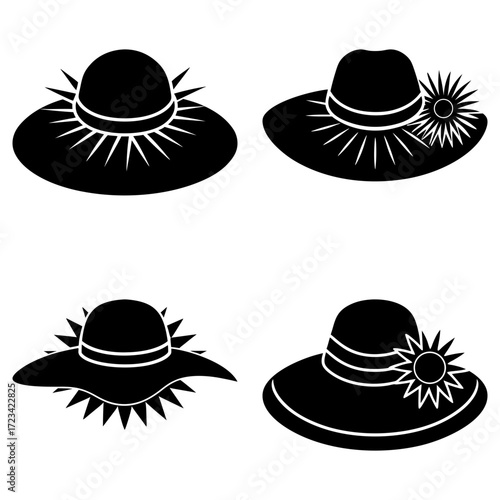 Illustration of four black silhouette sun hats with floral accents and radiating lines on a white background