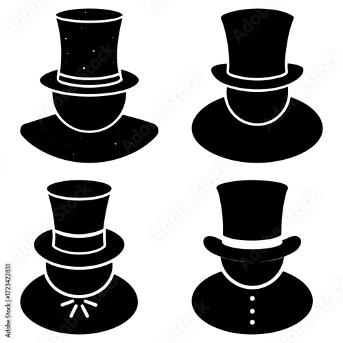 Four stylized figures wearing top hats in black and white with varying details and designs shown
